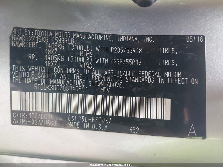 2016 TOYOTA SIENNA VAN 3.5L V-6 DOHC, VVT, REGULAR , 266HP