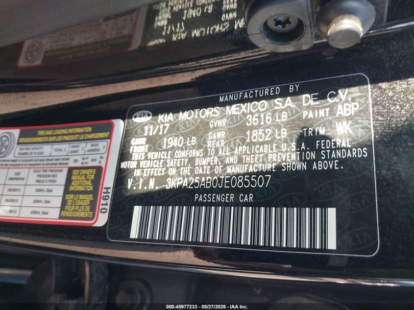KIA RIO 2018 VIN 3KPA25AB0JE085507
