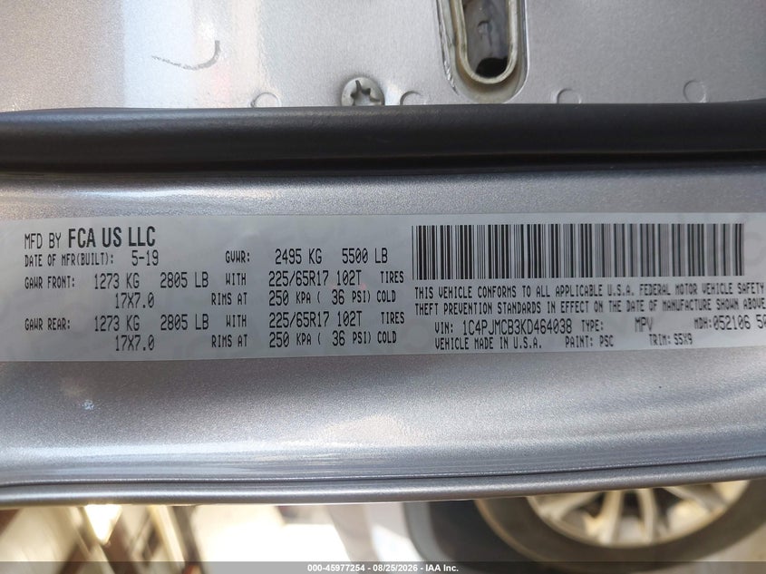 JEEP CHEROKEE 2019 VIN 1C4PJMCB3KD464038