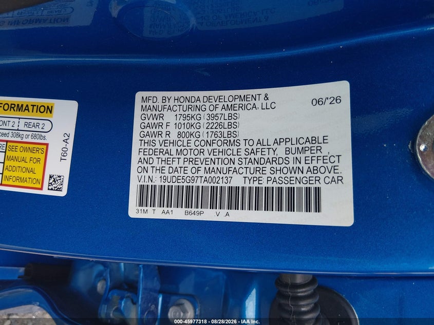 ACURA INTEGRA 2026 VIN 19UDE5G97TA002137