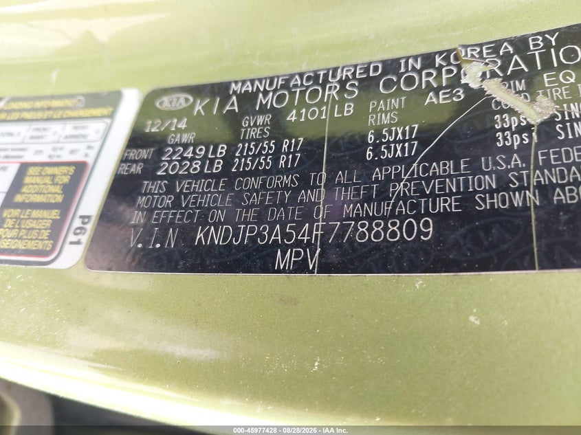 KIA SOUL 2015 VIN KNDJP3A54F7788809