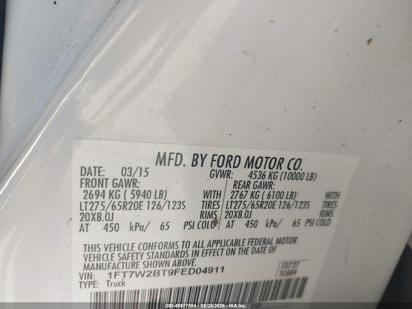 FORD F-250 2015 VIN 1FT7W2BT9FED04911