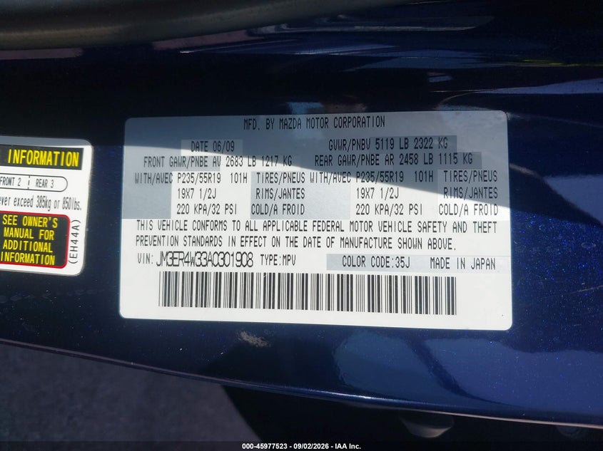 MAZDA CX-7 2010 VIN JM3ER4W33A0301908