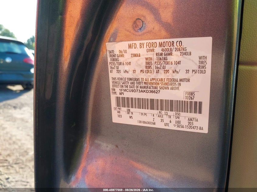 FORD ESCAPE 2010 VIN 1FMCU9D73AKD36627