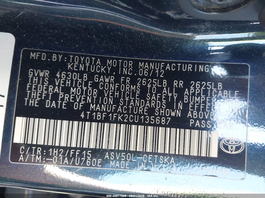 2012 TOYOTA CAMRY SEDAN 2.5L I-4 DOHC, VVT, REGULAR , 173HP