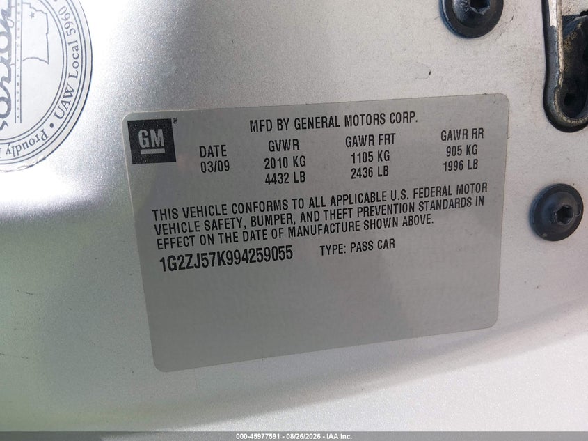 PONTIAC G6 NEW 2009 VIN 1G2ZJ57K994259055