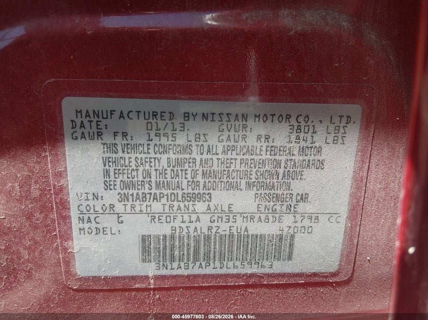 2013 NISSAN SENTRA SEDAN 1.8L I-4 DOHC, VVT, REGULAR , 130HP