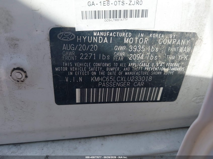 HYUNDAI IONIQ HYBRID 2020 VIN KMHC65LCXLU233018