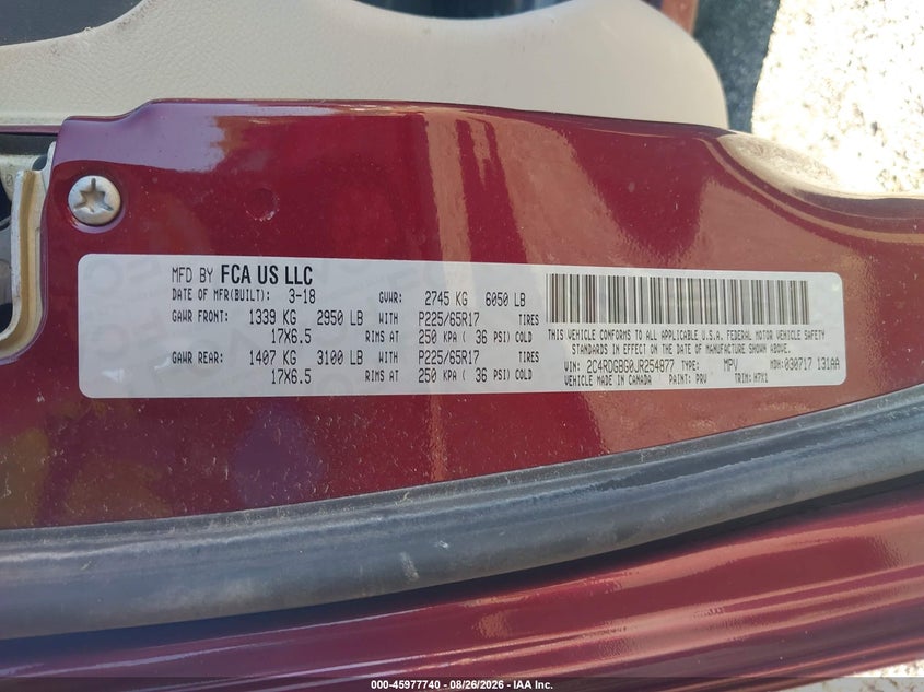 DODGE GRAND CARAVAN 2018 VIN 2C4RDGBG0JR254877