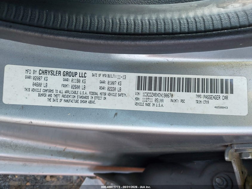 DODGE AVENGER 2014 VIN 1C3CDZABXEN190670