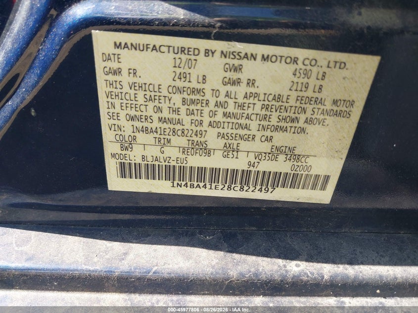 NISSAN MAXIMA 2008 VIN 1N4BA41E28C822497