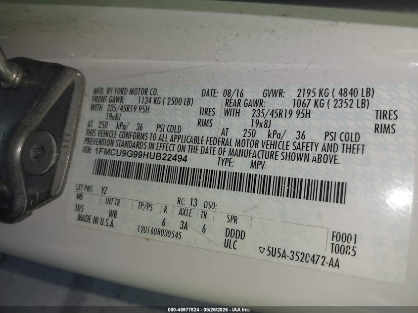 FORD ESCAPE 2017 VIN 1FMCU9G99HUB22494