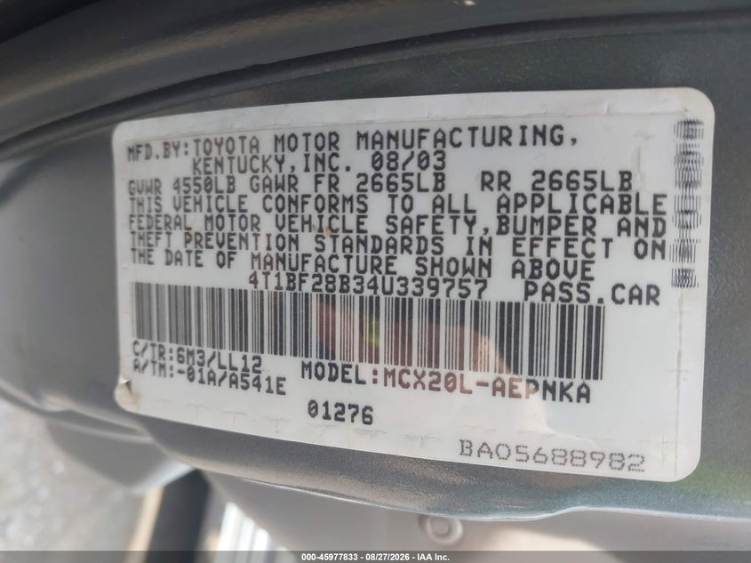 TOYOTA AVALON 2004 VIN 4T1BF28B34U339757