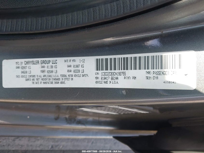 DODGE AVENGER 2012 VIN 1C3CDZCB3CN192755