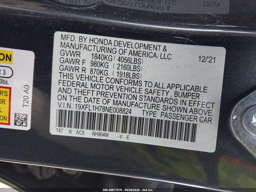 HONDA CIVIC 2022 VIN 19XFL1H78NE008824