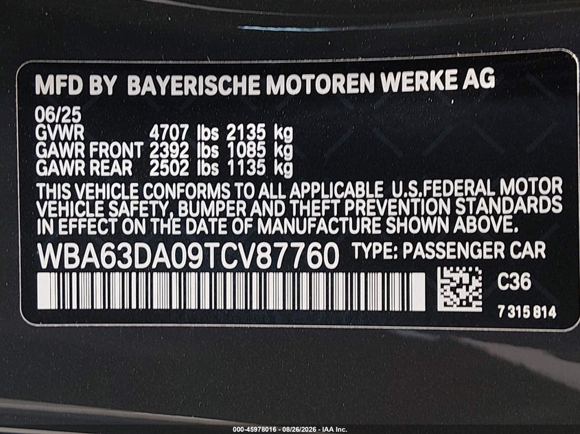 BMW 430I 2026 VIN WBA63DA09TCV87760