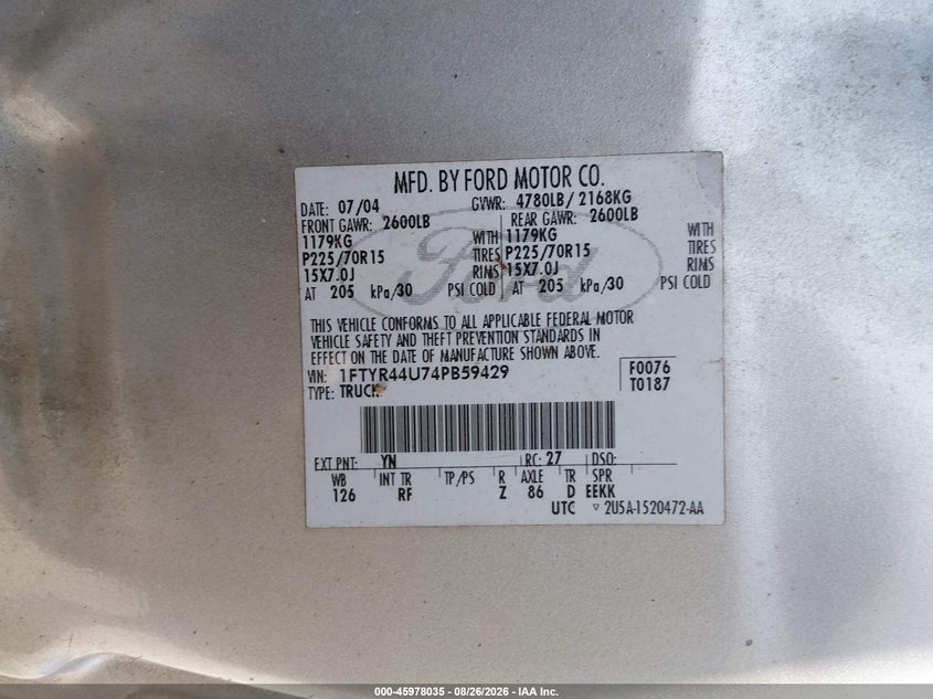 FORD RANGER 2004 VIN 1FTYR44U74PB59429