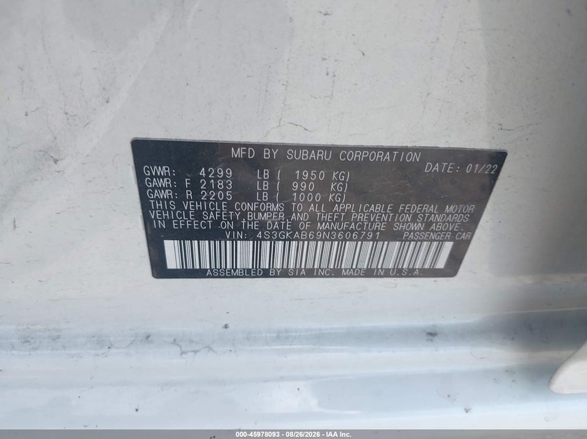 SUBARU IMPREZA 2022 VIN 4S3GKAB69N3606791