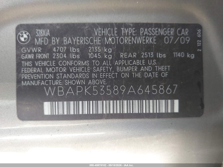 BMW 328I 2009 VIN WBAPK53589A645867