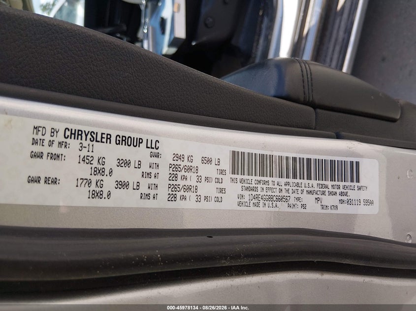 DODGE DURANGO 2011 VIN 1D4RE4GG8BC660567