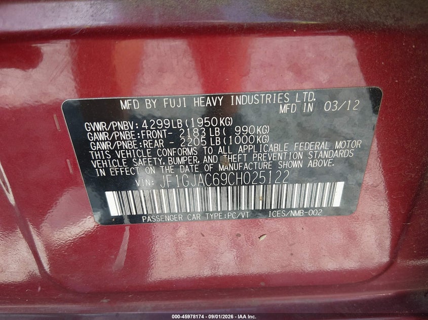 SUBARU IMPREZA 2012 VIN JF1GJAC69CH025122
