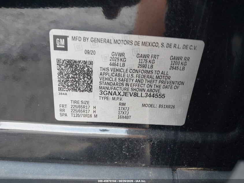 CHEVROLET EQUINOX 2020 VIN 3GNAXJEV8LL344555
