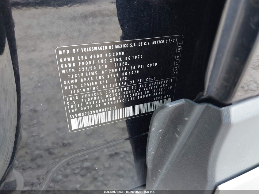 VOLKSWAGEN TAOS 2022 VIN 3VVWX7B29NM022517
