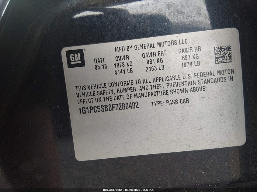CHEVROLET CRUZE 2015 VIN 1G1PC5SB0F7280402