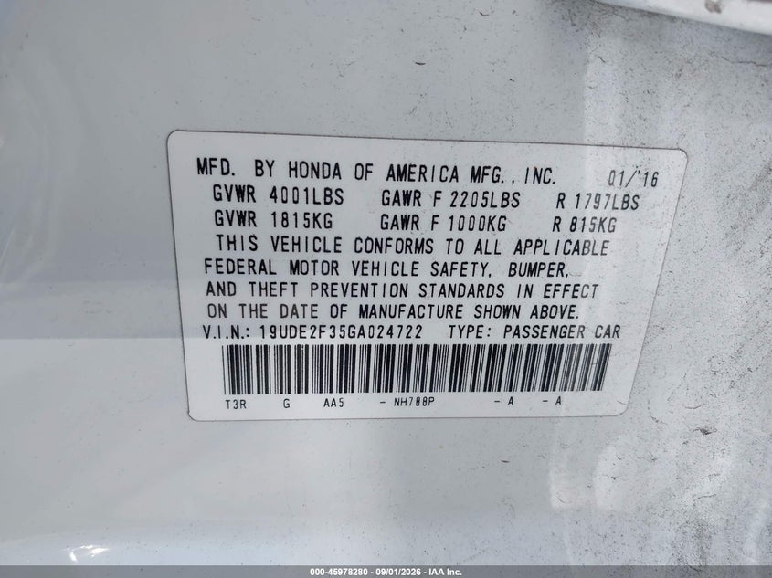 2016 ACURA ILX SEDAN 2.4L I-4 DI, DOHC, VVT, PREMIUM , 201HP