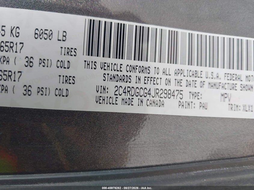 DODGE GRAND CARAVAN 2018 VIN 2C4RDGCG4JR298475
