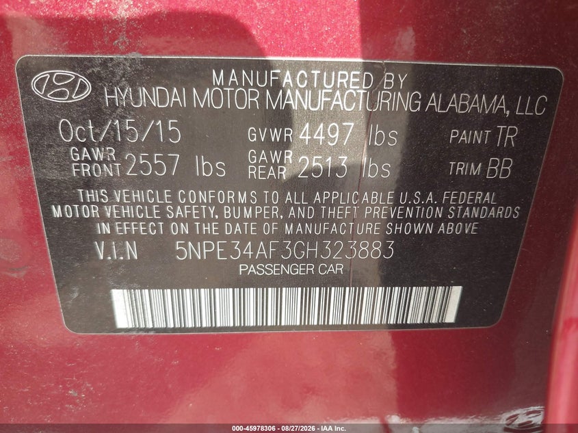 2016 HYUNDAI SONATA SEDAN 2.4L I-4 DI, DOHC, VVT, REGULAR , 185HP