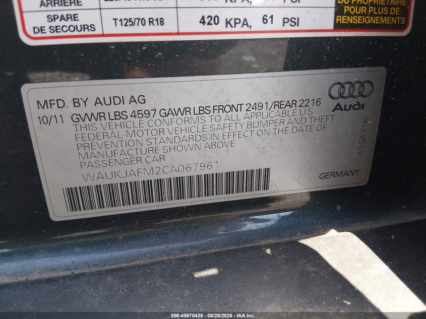 AUDI A3 2012 VIN WAUKJAFM2CA067961