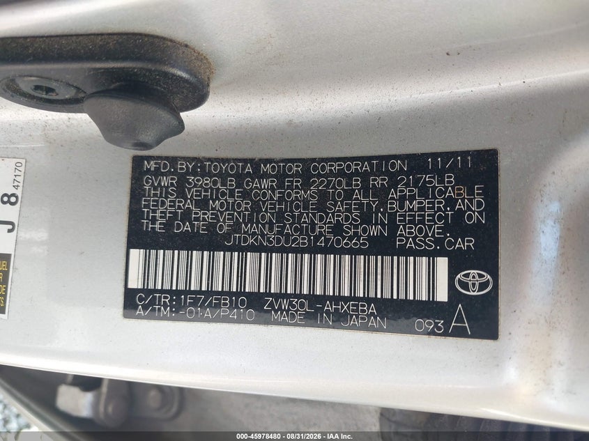 TOYOTA PRIUS 2011 VIN JTDKN3DU2B1470665