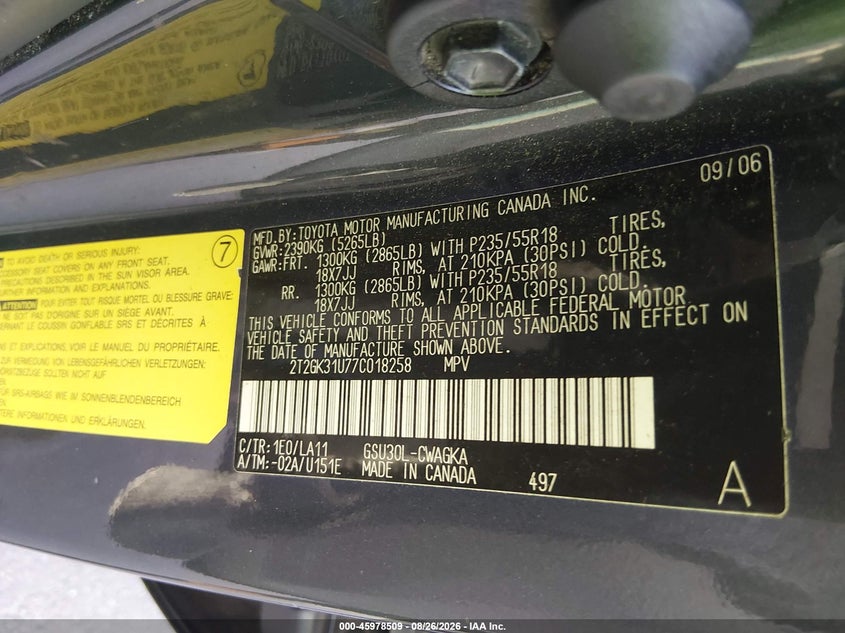LEXUS RX 350 2007 VIN 2T2GK31U77C018258