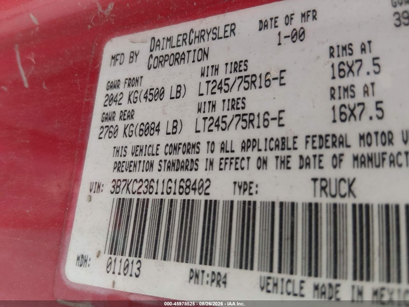 DODGE RAM 2500 2001 VIN 3B7KC23611G168402