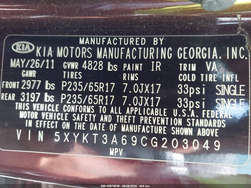 KIA SORENTO 2012 VIN 5XYKT3A69CG203049