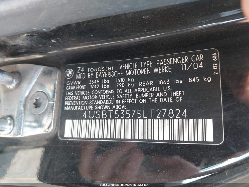 BMW Z4 2005 VIN 4USBT53575LT27824