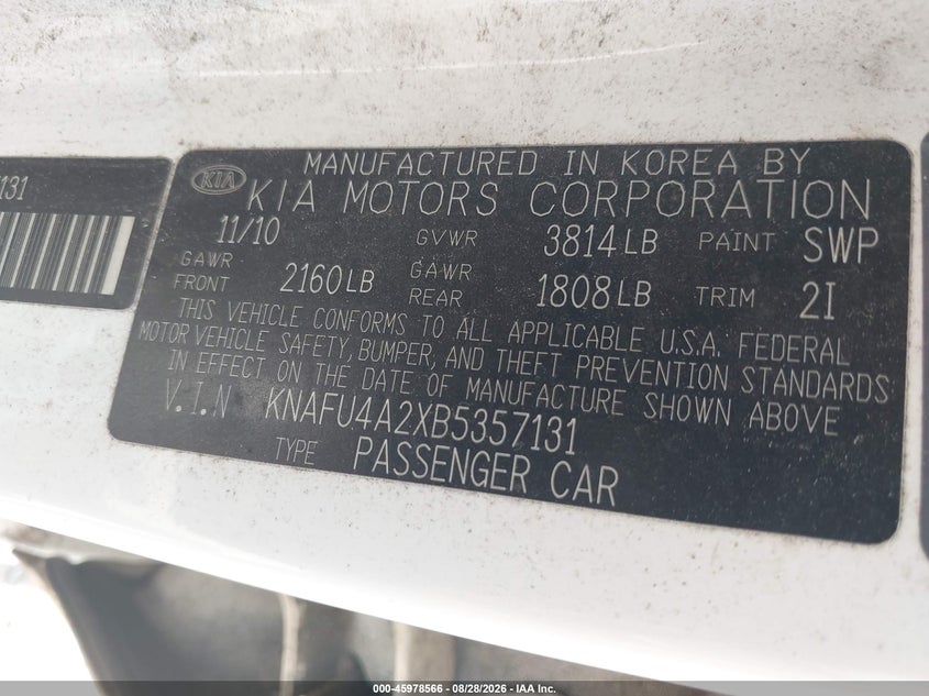 KIA FORTE 2011 VIN KNAFU4A2XB5357131