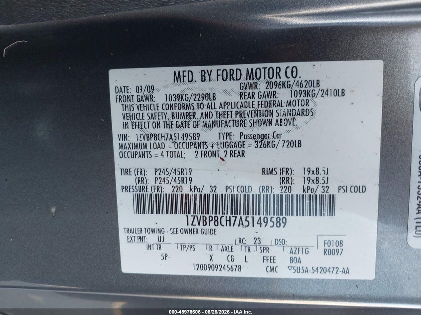 FORD MUSTANG 2010 VIN 1ZVBP8CH7A5149589
