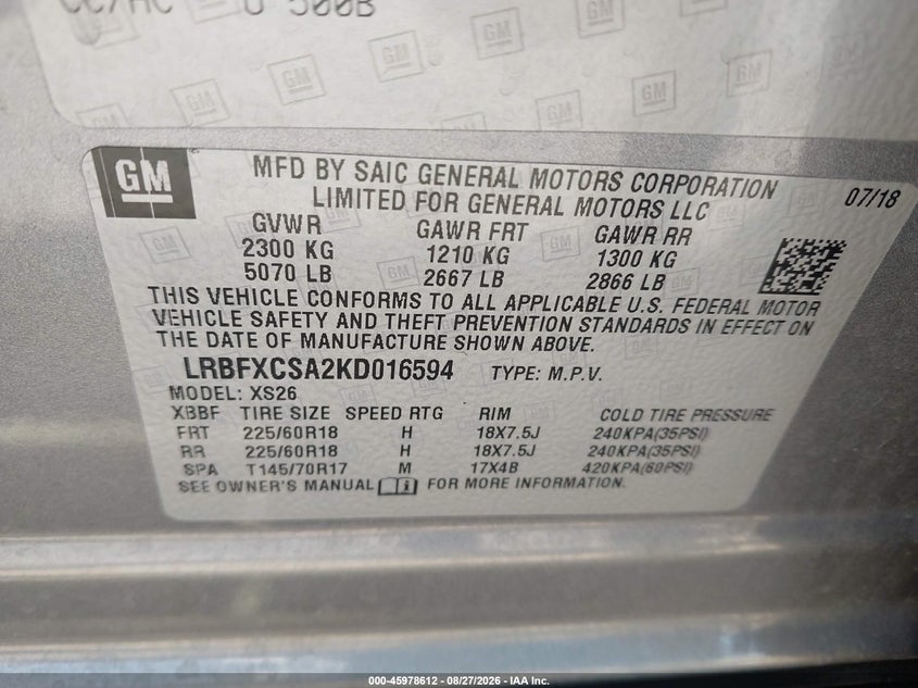 2019 BUICK ENVISION SPORT UTILITY VEHICLE 2.5L I-4 DI, DOHC, VVT, 197HP