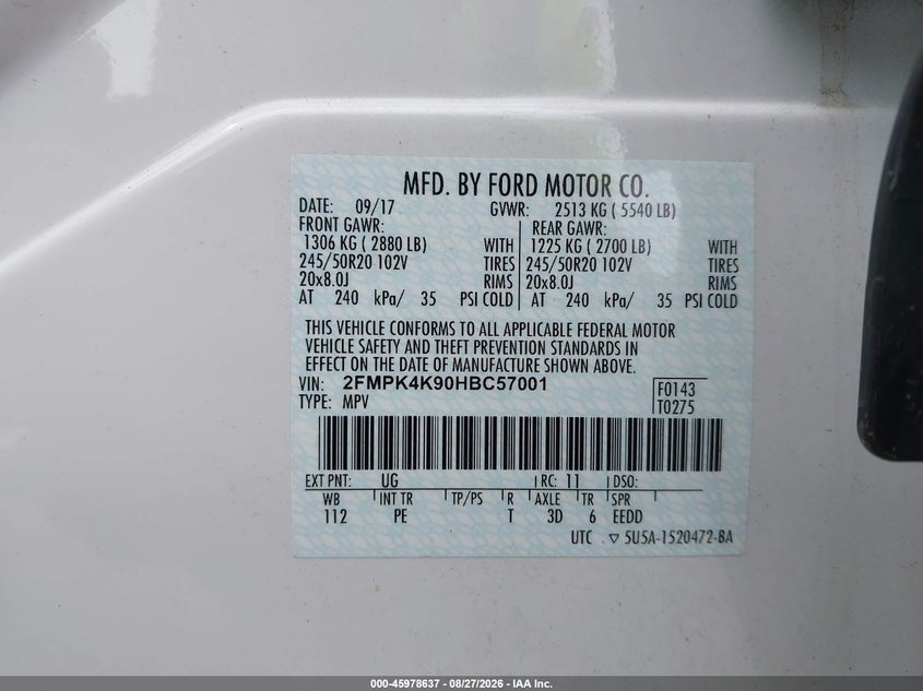 FORD EDGE 2017 VIN 2FMPK4K90HBC57001