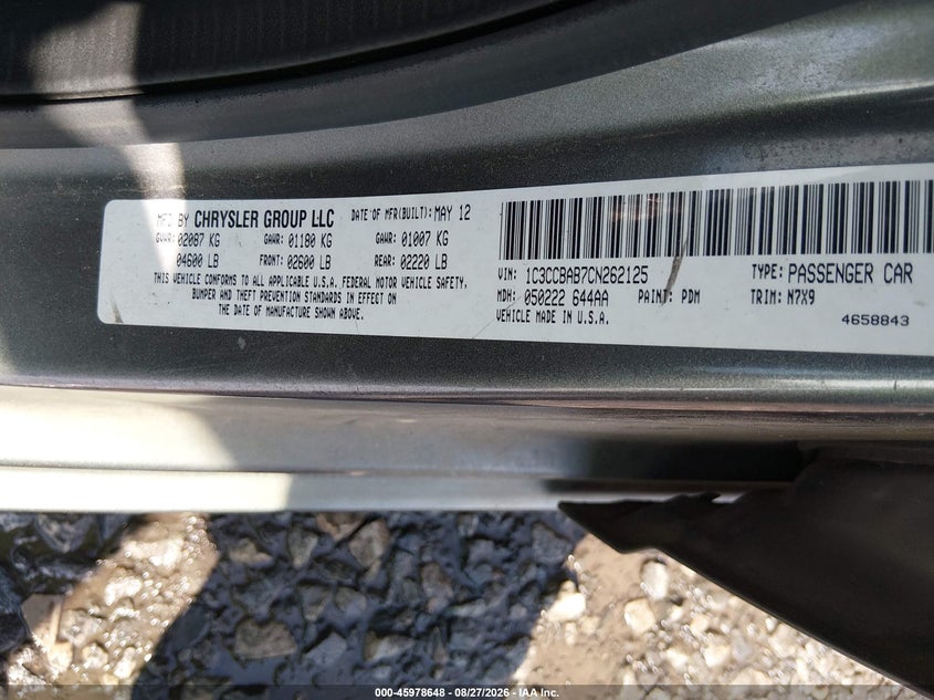 CHRYSLER 200 2012 VIN 1C3CCBAB7CN262125