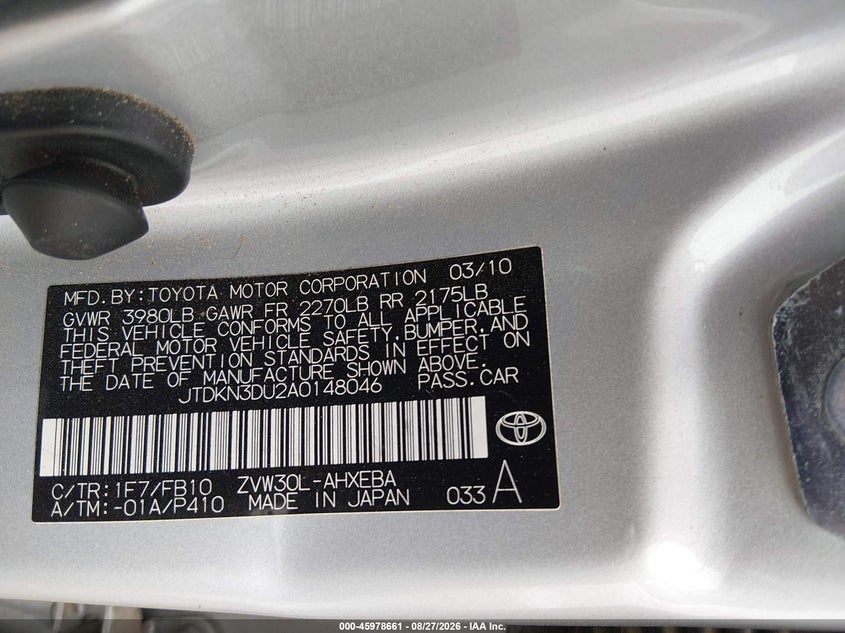 TOYOTA PRIUS 2010 VIN JTDKN3DU2A0148046
