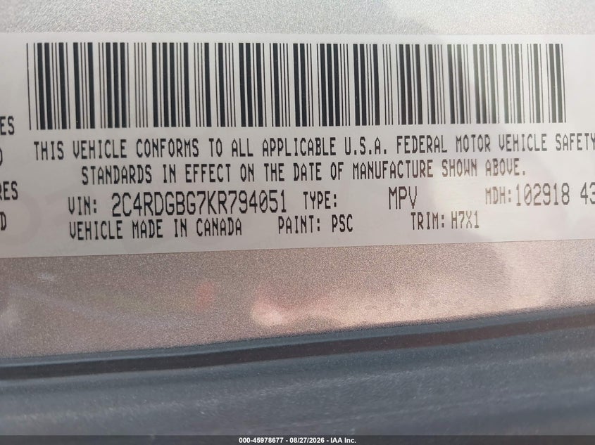 DODGE GRAND CARAVAN 2019 VIN 2C4RDGBG7KR794051