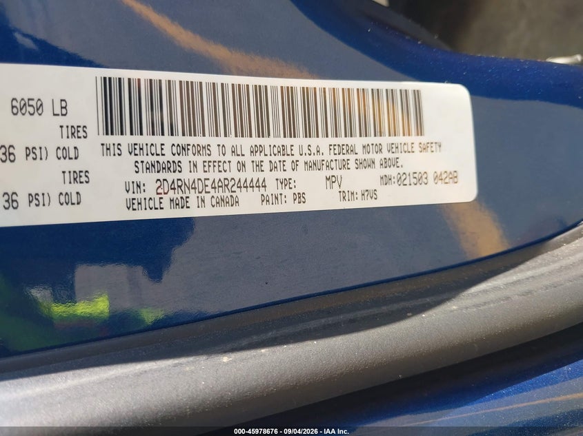 DODGE GRAND CARAVAN 2010 VIN 2D4RN4DE4AR244444