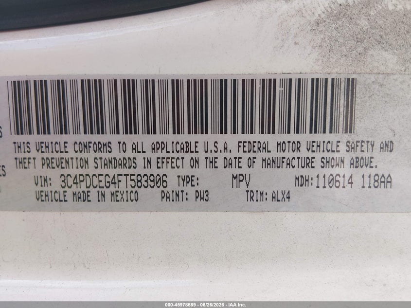 DODGE JOURNEY 2015 VIN 3C4PDCEG4FT583906