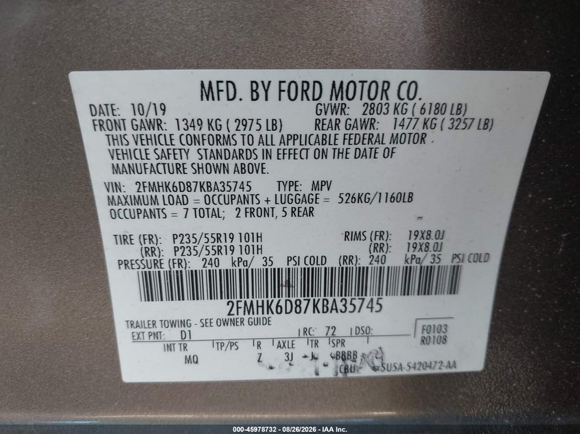 FORD FLEX 2019 VIN 2FMHK6D87KBA35745