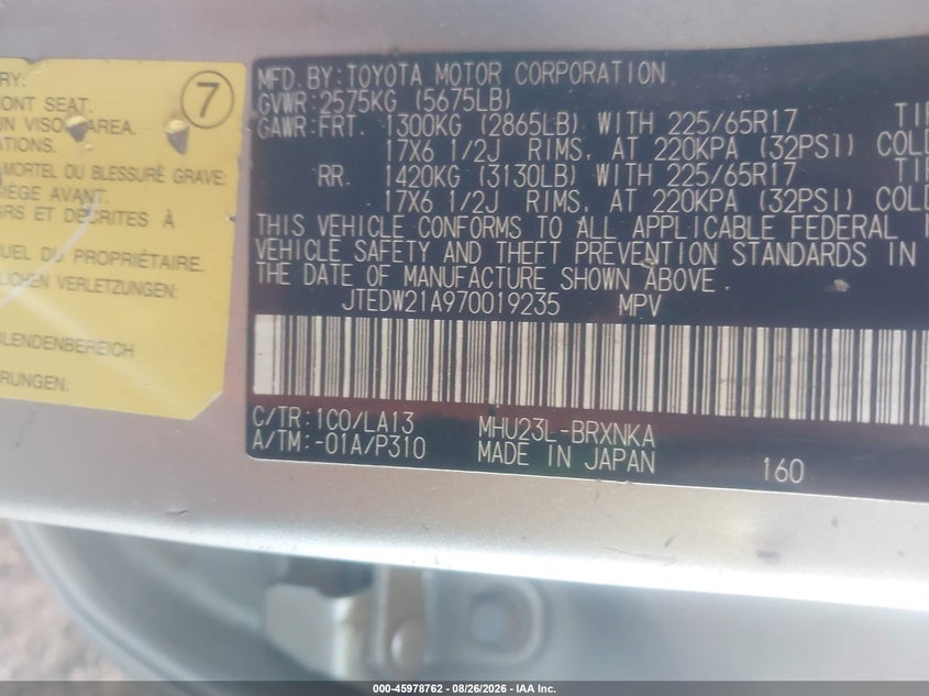 TOYOTA HIGHLANDER HYBRID 2007 VIN JTEDW21A970019235