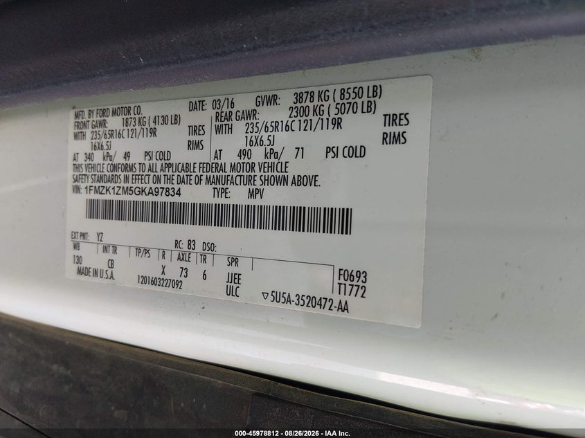 FORD TRANSIT-150 2016 VIN 1FMZK1ZM5GKA97834