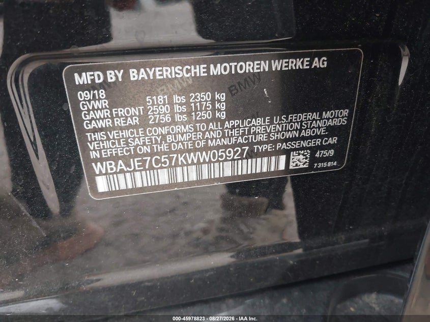BMW 540I 2019 VIN WBAJE7C57KWW05927